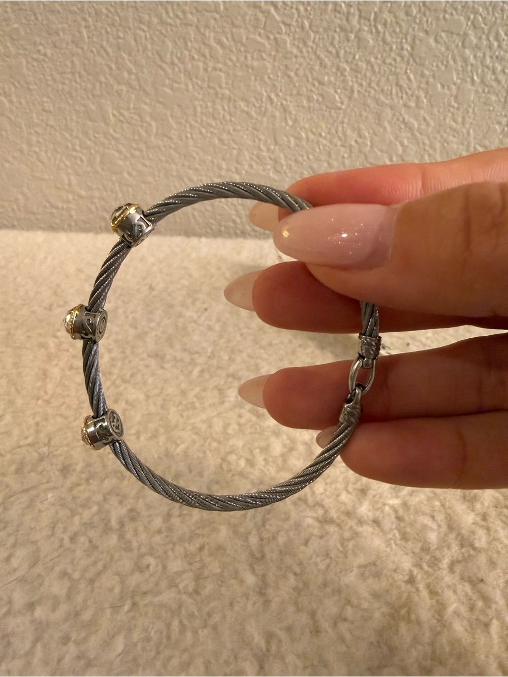 Charriol 3 Station Steel Cable Bangle Bracelet with Faceted White Topaz - Picture 5 of 7